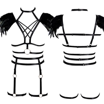 

Feather Epaulettes Shoulder Angel Wings Gothic Body Harness Lingerie Strappy Harness Tops Garter Belt Art Clothing for Women