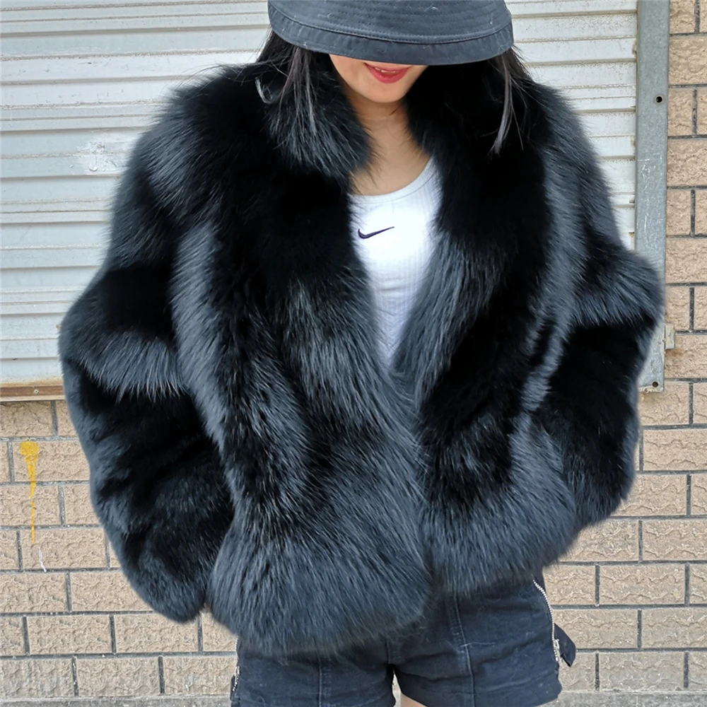 Luxury Fox Fur Jacket for Women, Plus Size, Full Sleeves with Fur Collar, Thick Black Plush, Silver Coat for Girls