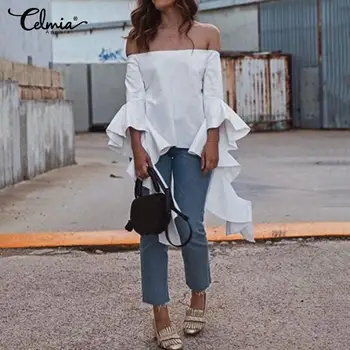 

Summer Ruffles Tops 2020 Celmia Women's Asymmetrical Fashion Blouses Flare Sleeve Sexy Off Shoulder Casual Shirts Plus Size 7