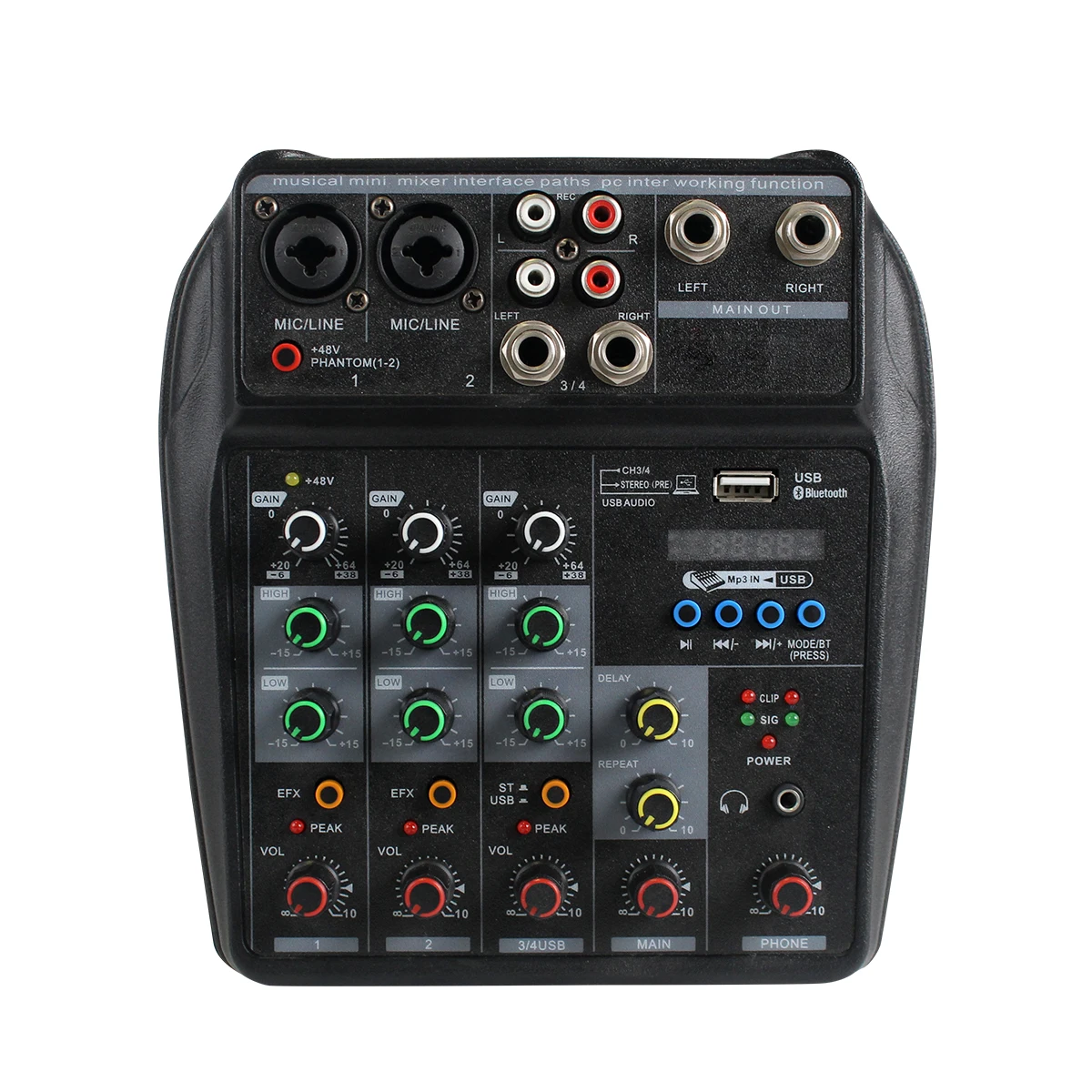 4 Channel Mixing Console USB Bluetooth Sound Table Audio Mixer Record Computer Delay Repaeat Effect Adapter 48V Phantom Power headphones with mic