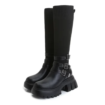 

Big Size Women's Boots 41-43 2020 Autumn And Winter New Plus Velvet High-Top Knight Elastic Buckle Fashion All-Match