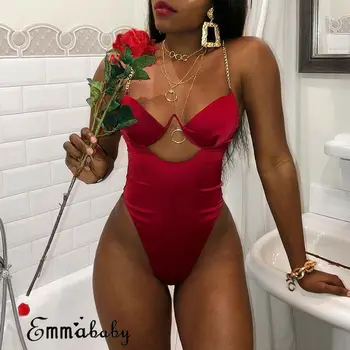 

2019 Sexy Women Chain Shoulder Strap Bodysuit Sleeveless V-Neck Strappy Push Up Beachwear Leotard Top Fashion Ladies Jumpsuits