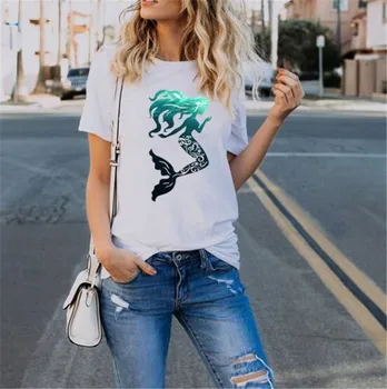 

Women Summer Mermaid Print Short Sleeve Streetwear Tops Harajuku T-shirt