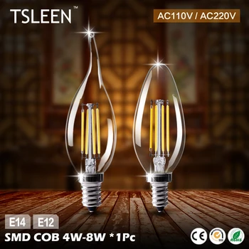 

TSLEEN Retro LED Bulb E12 E14 LED Lamp 220V 110V LED Filament Light 4W 8W Glass Ball Bombillas C35 LED Edison Bulb Light Decor