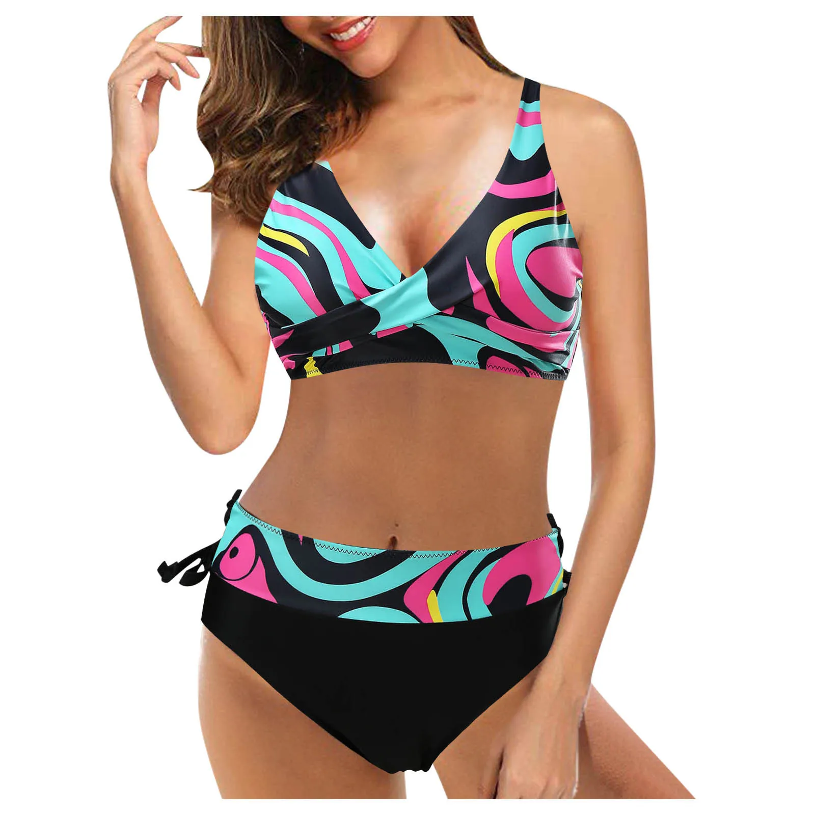 

2021 New Sexy Swimwear Women Vintage Swimsuit Two-Piece Retro Halter Ruched High Waist Print Bikini Mujer Set Bathing Suit Beach