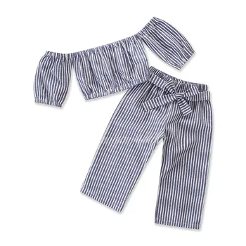 

2020 Summer Girls' Set Fresh Striped Shoulder Top + Wide Leg Pants
