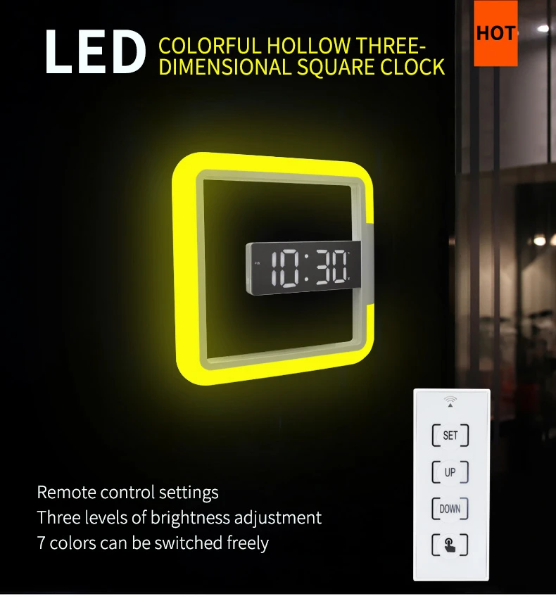 3D LED Digital Watch Clock Alarm Clock Mirror Hollow Wall Clock 7 Colors Modern Temperature Date Night Light For Home Living Roo