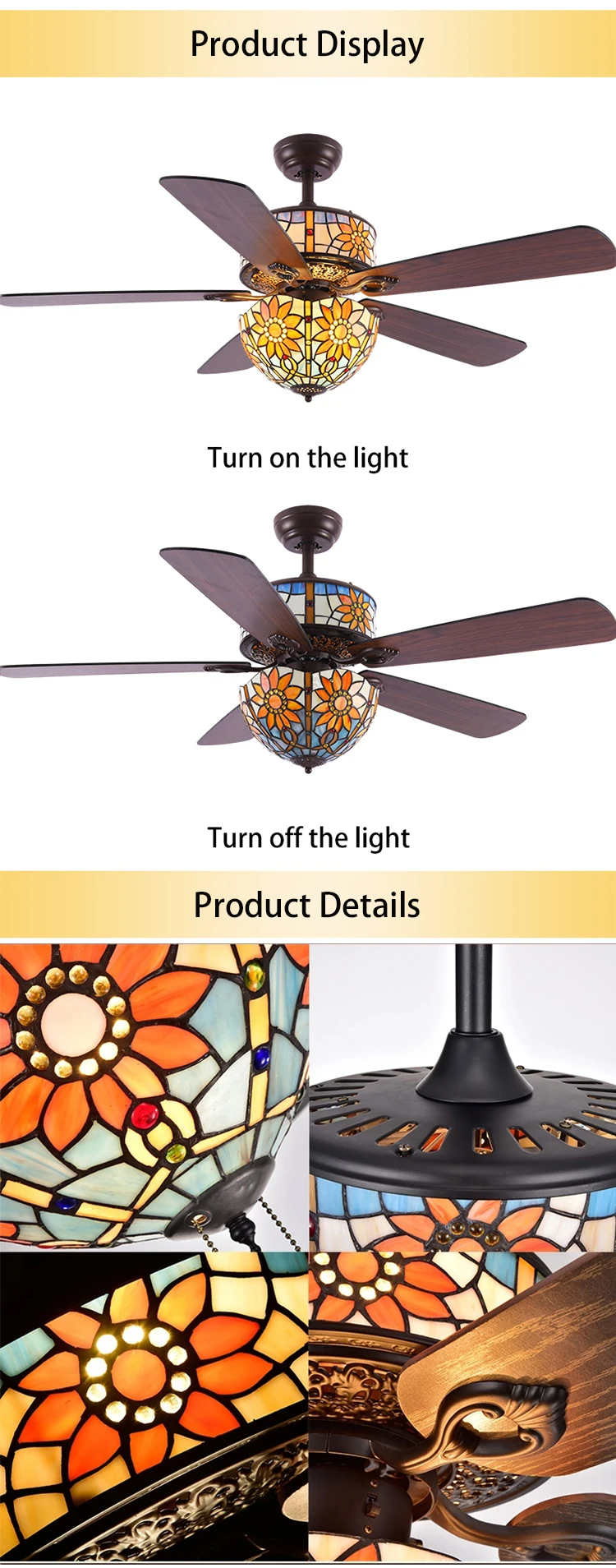 Decorative Fancy Pendant Tiffany Electrical Remote Control Ceiling Fan With Light