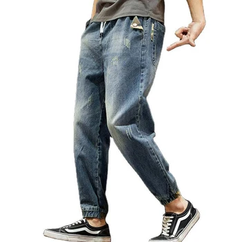 

Men spring elastic waist jeans tide brand retro blue large size loose camouflage beam foot quality casual pants