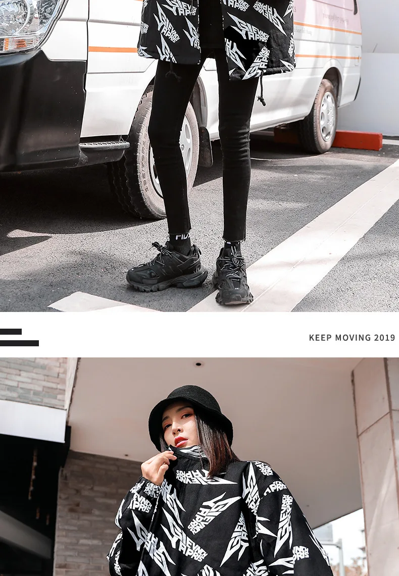 Vefadisa Letter Print Denim Coat Woman Winter Thick Denim Coat Black Zippers Stand Collar Loose Coat Hip-hop QYF1380