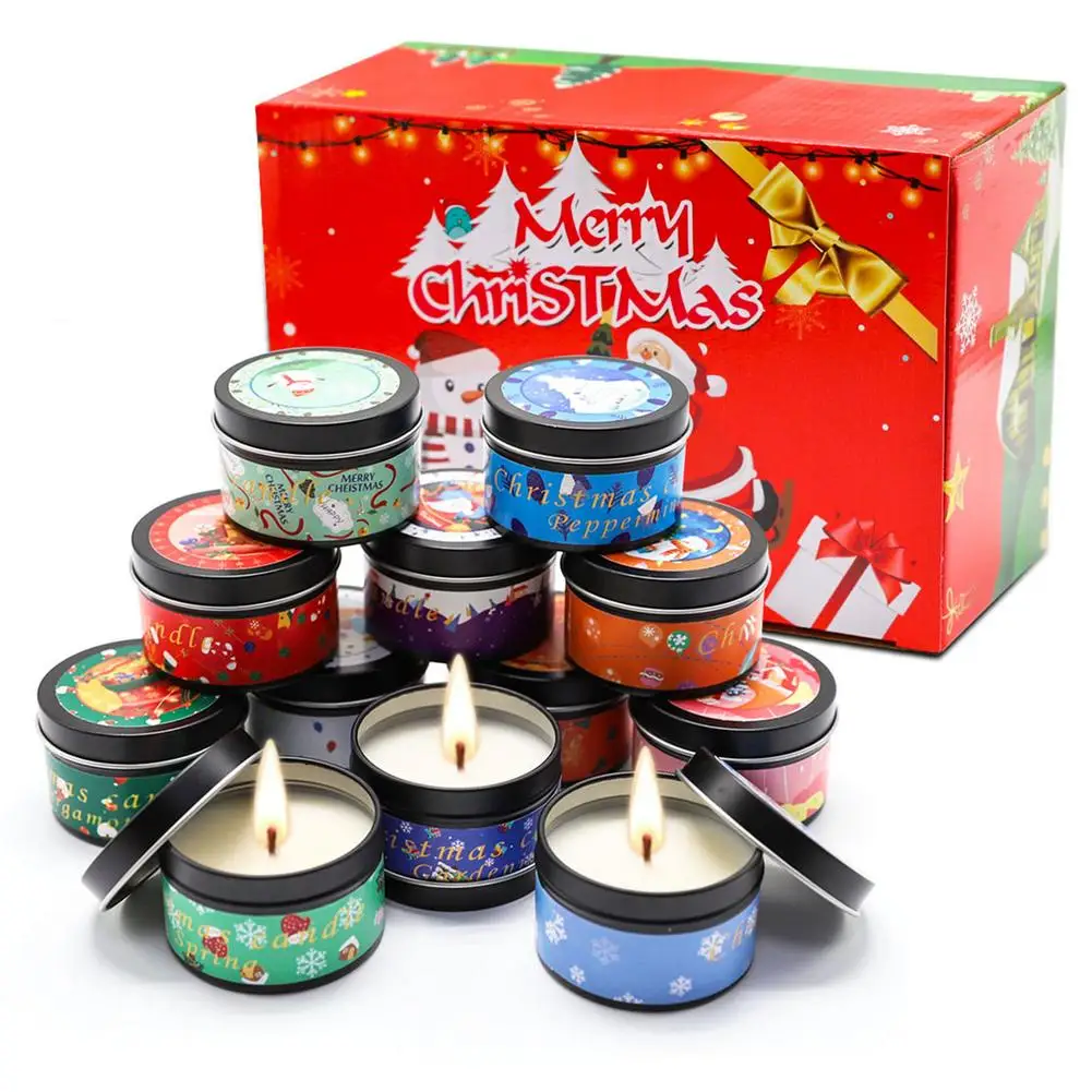 

12pcs Christmas Themed Scented Candle Long-lasting And Full Burning Portable And Reusable Tin Widely Used In Household