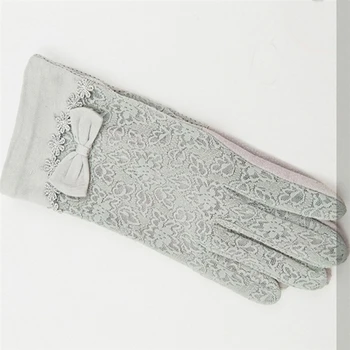 

Summer Women Short Sunscreen UV Anti Slip Driving Lace Gloves Full Finger Sun Spring Touch Screen Ladies Bow Dress Gloves Gray