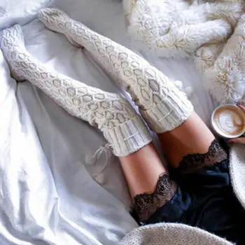 

Ladies Women Winter Drawstring Pompom Knit Over Knee Socks Leg Warmer Long Stockings Female Sexy Stockings Warm Long Boot