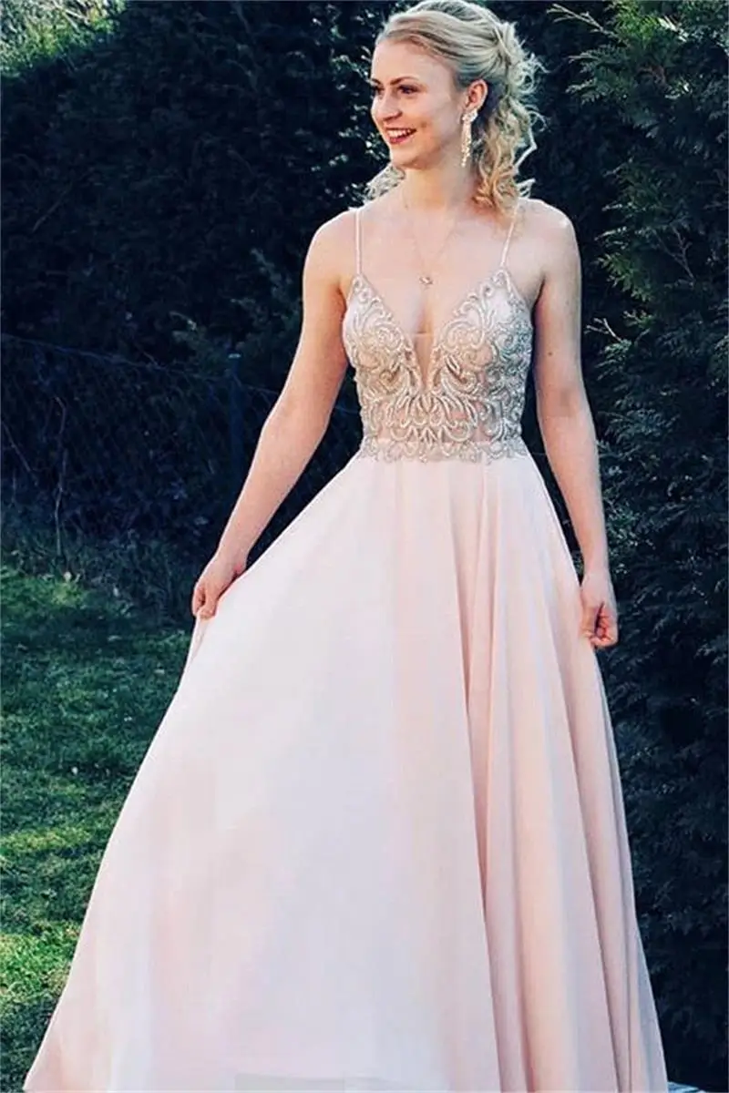 Vestido Dama De Honor, розовое платье подружки невесты с аппликацией, длинное шифоновое ТРАПЕЦИЕВИДНОЕ свадебное платье для гостей, вечерние платья на тонких бретелях