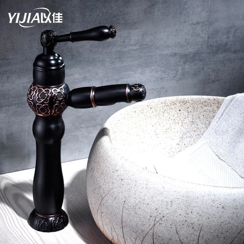 

Antique European black bronze carved pullable basin hot and cold water faucet