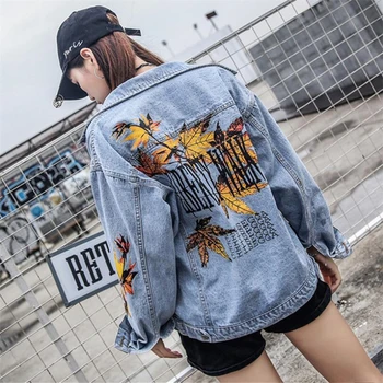 

Women Jacket Autumn Winter Maple leaf letter print Denim Jackets Washed Blue Jeans Coat Turn-down Collar Outwear Bomber Jacket