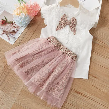 

DFXD Summer Girls Sets Fashion 2pc Princess Outfits White Sleeveless Lace Bow Shirt Leopard Gauze Skirt Children Clothes 2-8T