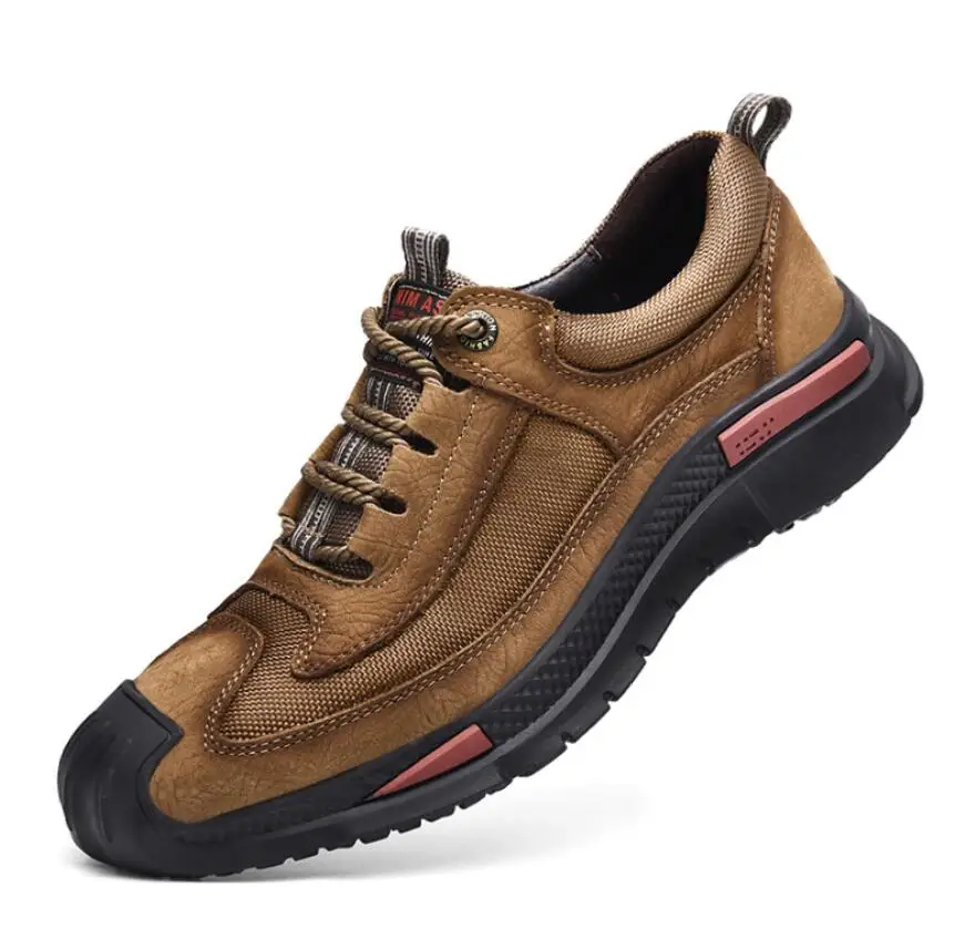 Высококачественная Мужская обувь из натуральной кожи; уличная Осенняя повседневная обувь на шнуровке; кроссовки; дышащая дизайнерская мужская обувь на плоской подошве - Color: khaki