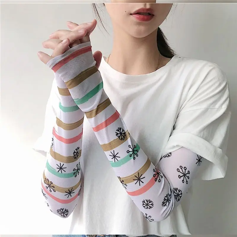 Женские летние шелковые рукава для девочек, радужные цветные полосатые перчатки Харадзюку для защиты от солнца, перчатки для езды на