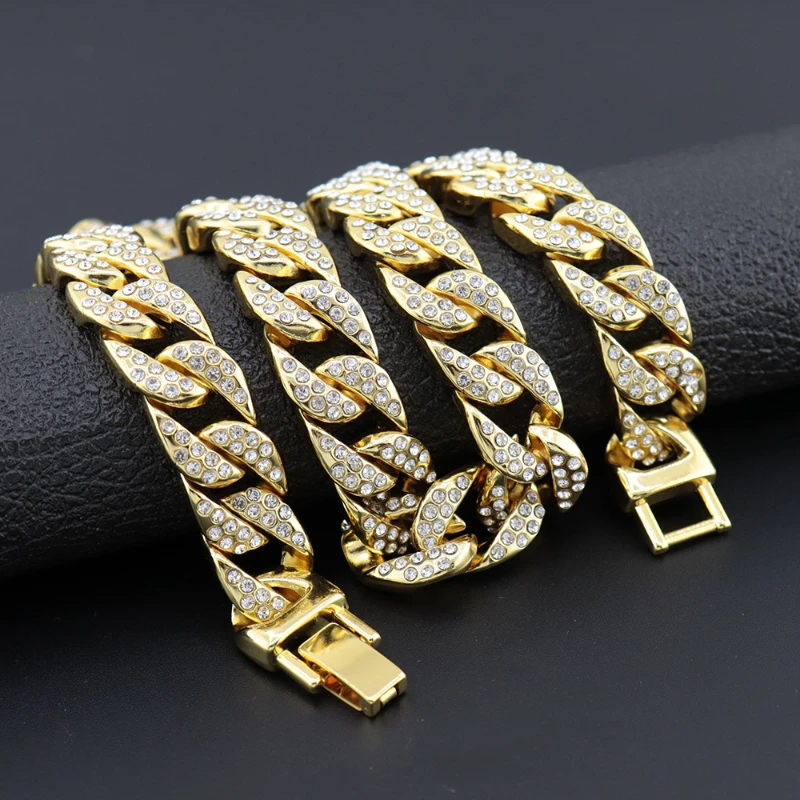 

New Hot Selling Fashion Cuban Chain Gold Plated Hip Hop Necklace Europe and America Men and Women Hip Hop Rhinestone Jewelry
