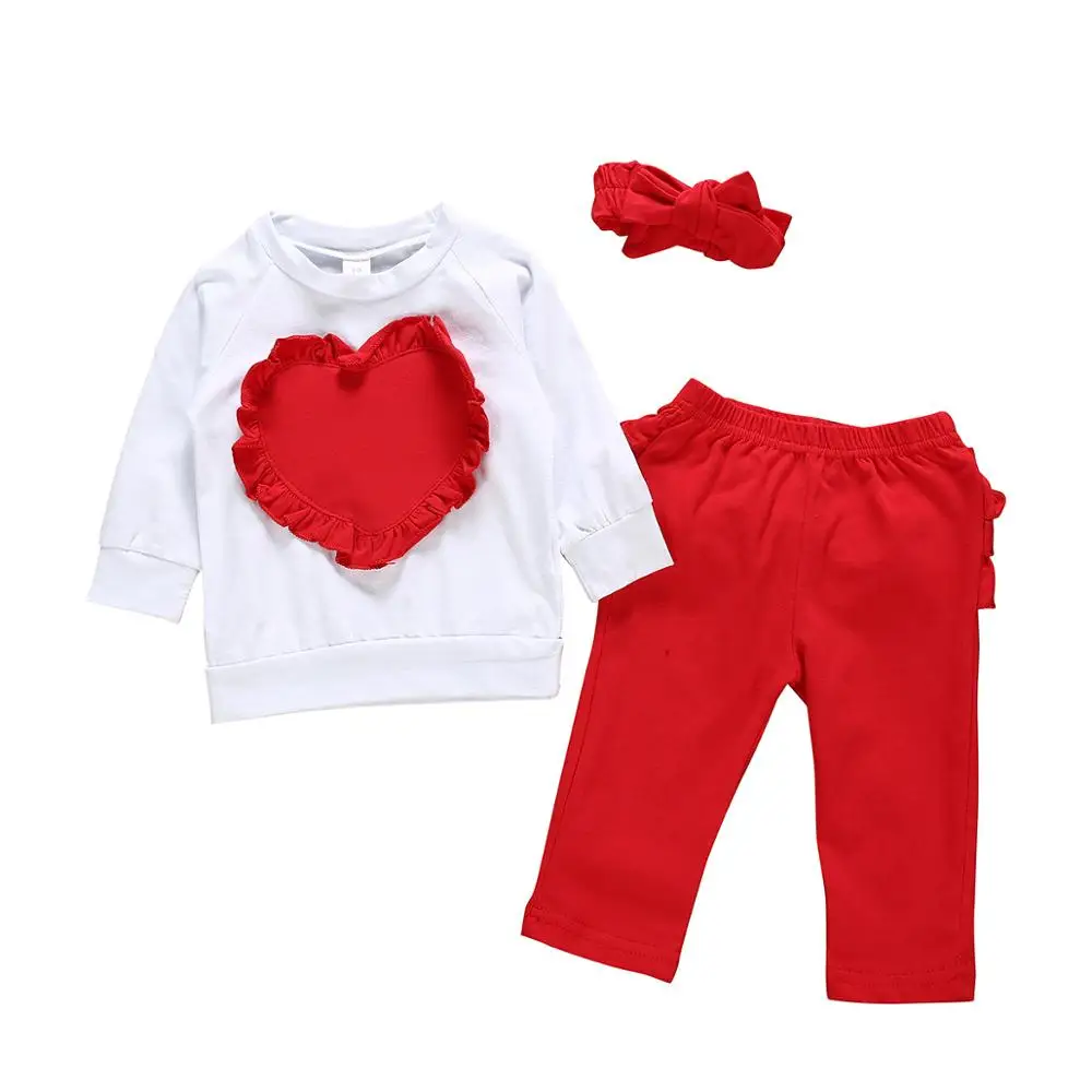 

New Arrival Spring Baby Girl Clothing Cotton Heart Applique T-shirt Baby Girls Clothes Girls Valentines Clothes Ruffle Pants
