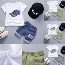 Летняя одежда для малышей; хлопковые футболки с короткими рукавами и принтом для малышей; комплект из топа и клетчатых шорт; одежда для маленьких мальчиков