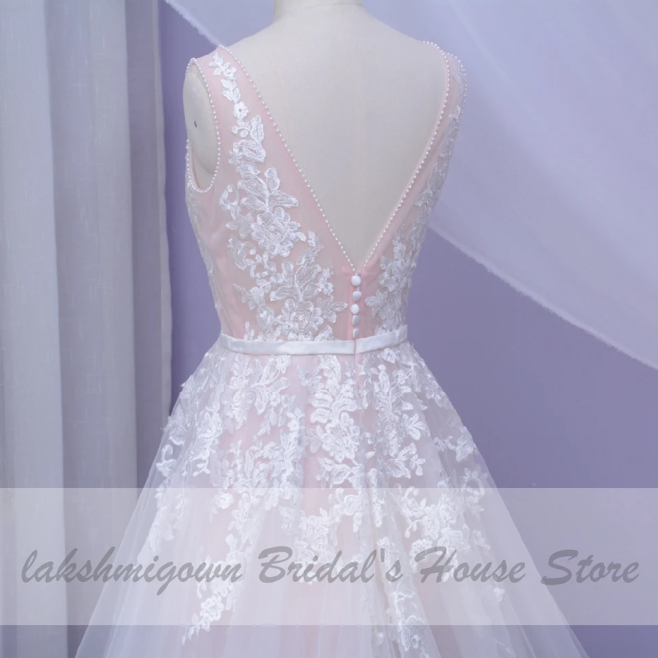 Lakshmigown Настоящее фото пляжное свадебное платье Vestaglia Sposa Свадебные платья с кружевной аппликацией с двойным v-образным вырезом Свадебные платья из фатина