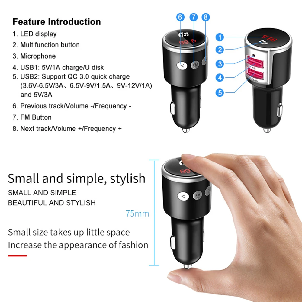 Автомобильный Bluetooth fm-передатчик, беспроводной радио адаптер, музыкальный MP3 плеер, автомобильный комплект, Hands Free, звонки с QC3.0, двойной USB зарядкой 5