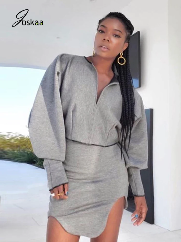 

Joskaa 2020 Autumn Women Set Long Sleeve Loose Solid V-neck Crop Top T-shirt Short Mini Irrigular Skinny Skirt Casual StreetSuit