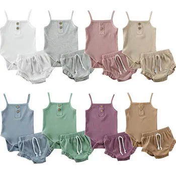 

2020 Summer Baby Clothing Newborn Kid Baby Girl Clothes Sleeveless Bodysuit Shorts Solid 2Pcs Outfits Set