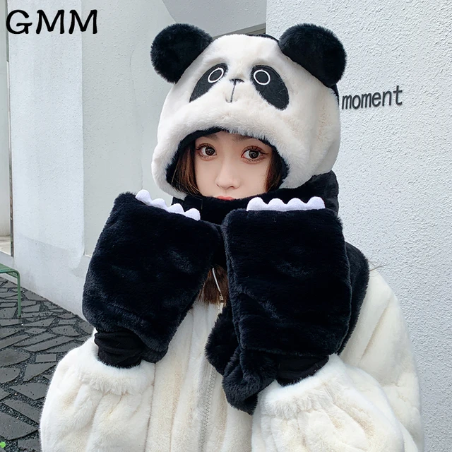 Bonnet Panda en peluche pour femmes, gants, écharpe, chaud, Animal de  dessin animé amusant, hiver, cadeau d'anniversaire pour filles - AliExpress