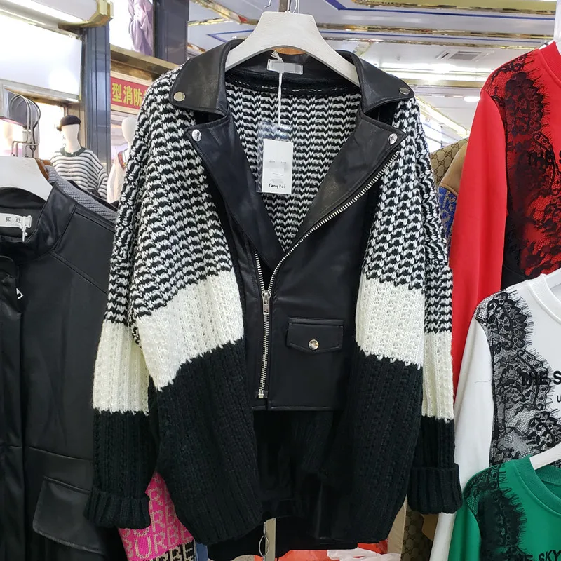 

[EWQ] Bomber Turn-down Collar Long Sleeve Knitted Splicing Black Leather Jacket Vintage Loose Zipper Trend Coat Feminino QL227