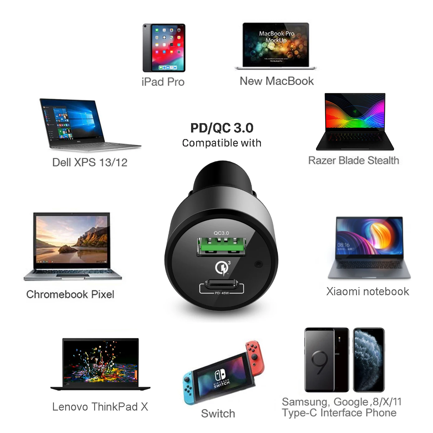 USB C TYPE-C PD 45 Вт автомобильное зарядное устройство Быстрая зарядка 3,0 18 Вт 63 Вт ноутбук адаптер питания с USB для xiaomi MacBook iPhone 11/X/8 samsung