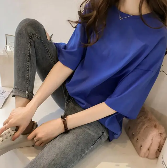 Korean Style Female T-shirt Pure Color M-XL Oversized Women Tops Harajuku  Simple Basic Tee Shirt Feminina White Casual O-neck Blue