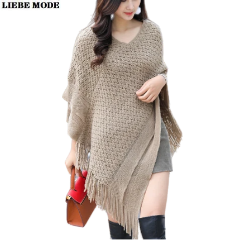 Poncho de Cachemira con borlas para mujer, chal suelto de punto, bufandas con cuello en V, de murciélago, Otoño e Invierno|Pulóveres| - AliExpress