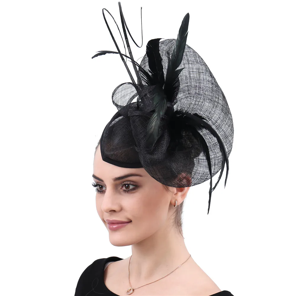 

Black Derby Fascinator Hats Ladies Feather Sinamay Cocktail Headwear Wedding Bride Church Women Hat Fedora Caps Headpiece Party