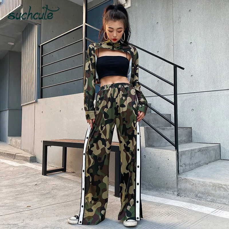 SUCHCUTE камуфляжные женские брюки с двойным разрезом, весна, широкие брюки для бега, высокая талия, брюки с пуговицами, Клубные вечерние Капри