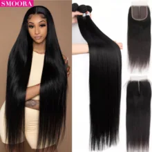 

30 32 38 40 Brazilian Bundles With Closure Bone Straight Human Hair With Closure Brazilian Weaving Remy Hair 5x5x1 For Women