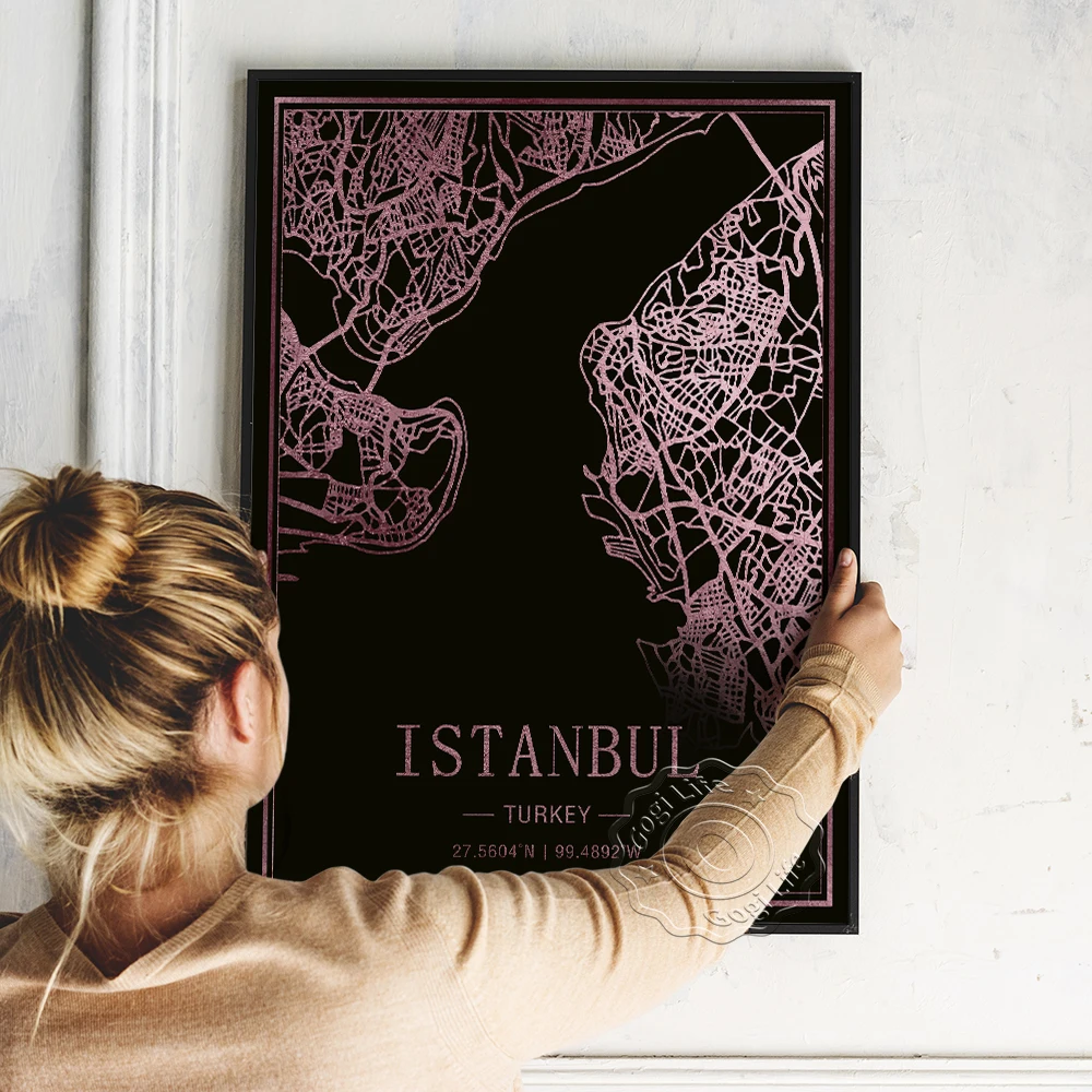 Affiche imprimée de carte de ville touristique du monde, cartes d'art originales d'istanbul et de turquie, affiche d'arrière-plan sombre avec lignes fluorescentes