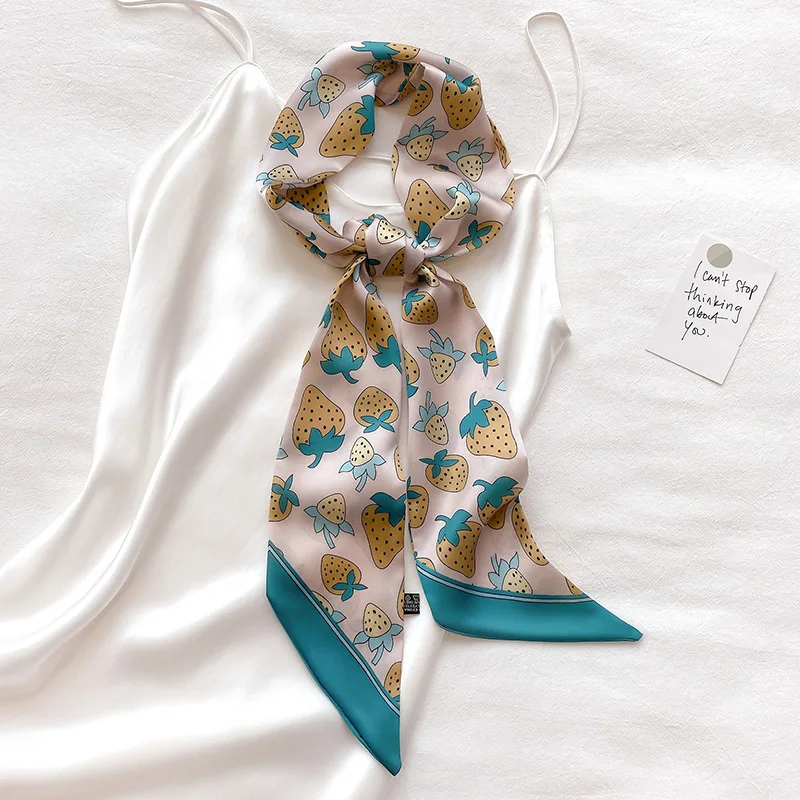 KOI LEAPING aesthetic Strawberry long silk scarf female multi-function decorative scarf headband tie wrist strap bag belt 2