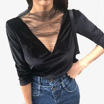 

2019 Fall Women New Long Sleeves Black Mesh Velvet T Shirt Fashion Sexy Transparent Deep V Neck T Shirt Female Top