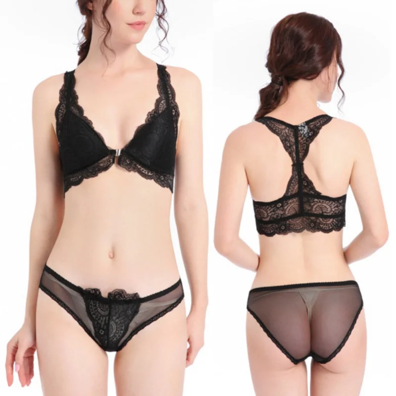 

Bra Set With Matching Panties Ladies Sexy Wire Free Bra Set Thin Lace Triangle Cup Bra + Low Waist Briefs Two Piece Set