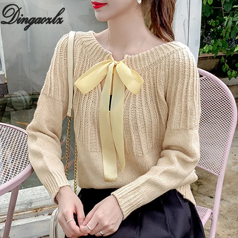 

Dingaozlz Long Sleeve Lady Knitted shirt Loose Autumn Winter Women sweater Bow tie Casual Pullovers Tops
