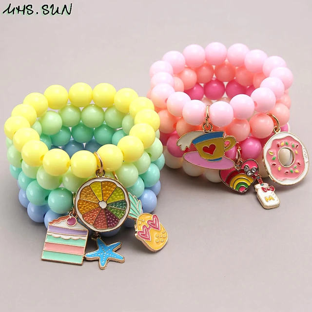 MHS.SUN Lemon slice/Heart/Cake Pendant Bracelets DIY Beaded Charms Bracelets  Fashion Elasitc Bangles For Kids Girls Jewelry 4PCS