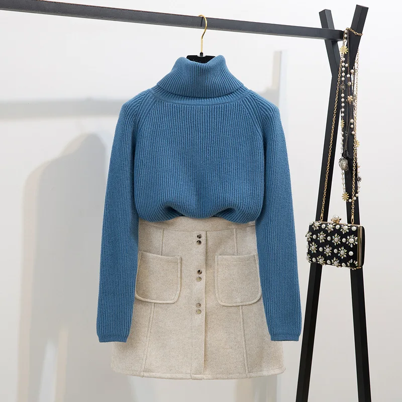 

Winter New Style Set Knitted Slimming Simple High Collar Base Sweater Pocket Woolen Skirt A- line Skirt