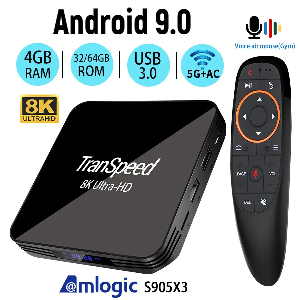 Transpeed Android 9,0 8K 4K ТВ коробка Youtube Netflix Bluetooth 4,1 1000 м 5G Wi-Fi Amlogic S905X3, 4 Гб оперативной памяти, 32 Гб встроенной памяти, 64 ГБ set top tv BOX