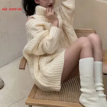

Sexy Sweater Dress Women 2021 Korean Turtleneck Sweater Hollow Irregular Loose Fashion Autumn Winter Long Sleeve Pullover Beige