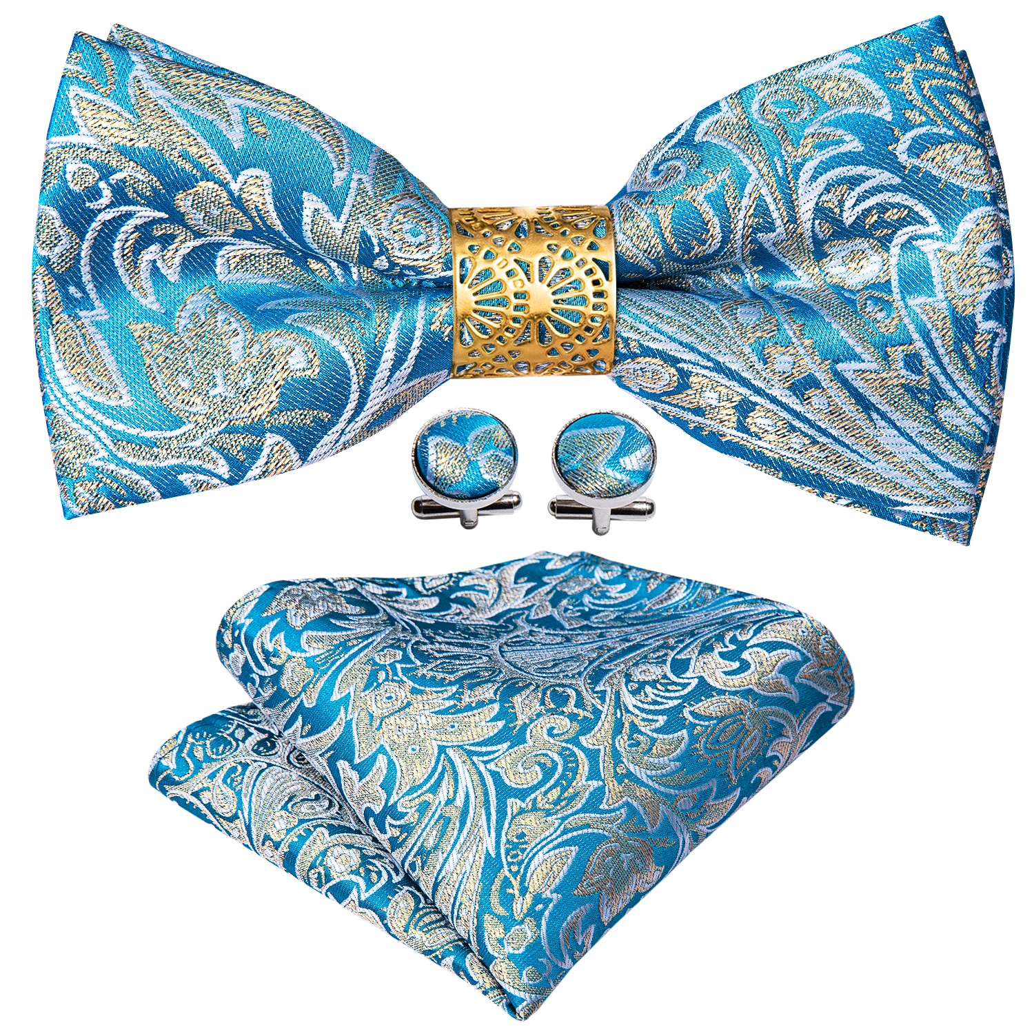 

Fashion Blue Floral Silk Pre-Bow Tie For Men Gift Accessorie Adjustable Butterfly Handky Removable Gold Ring Set Barry.Wang