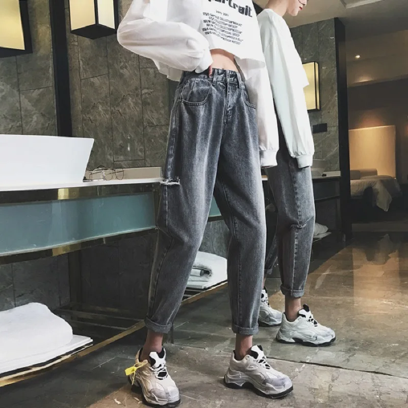 

Streetwear Hole Ripped Loose Fashion Wide Leg Pants 2020 New Summer Cotton High Waist Korean Style Women Pants Free Shipping