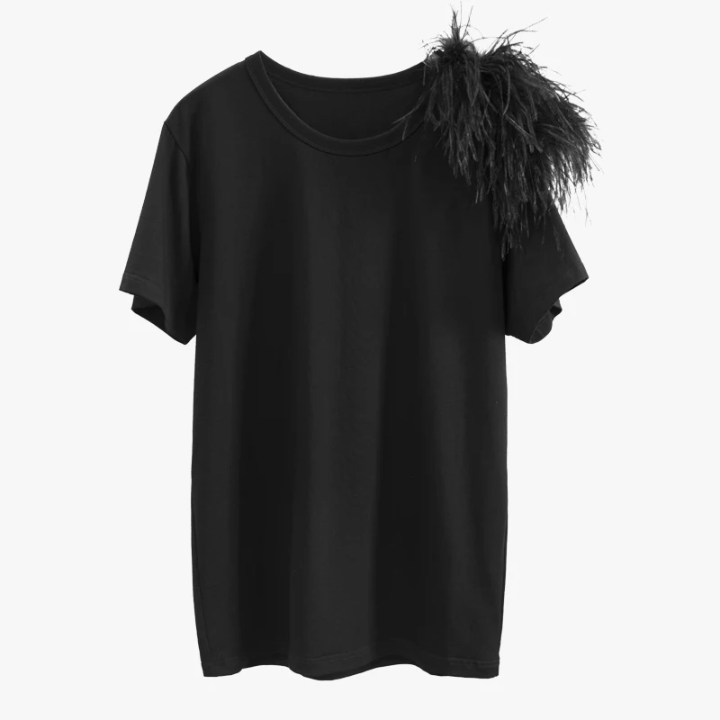 GALCAUR/белая повседневная женская футболка с перьями в стиле пэчворк короткий рукав с кисточками Корейская рубашка женская летняя модная новинка